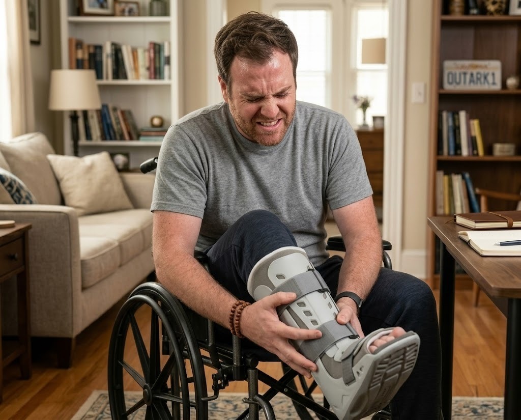 Josh Gates bound to a wheelchair